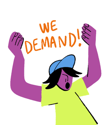 Graphic of a youth holding a sign that says "We Demand!".