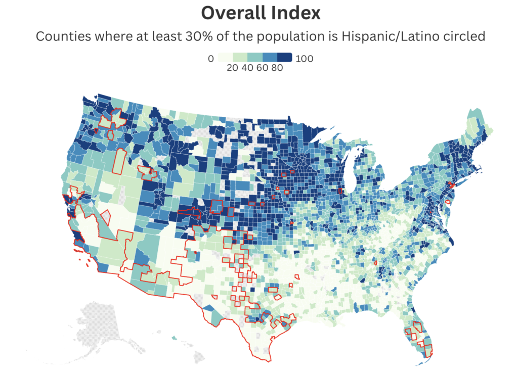 U.S. county map of overall index scores with counties that are at least 30% Hispanic/Latino outlined in red, concentrated in the Southwest and South Texas.