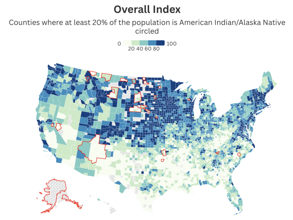 U.S. county map of overall index scores with counties that are at least 20% American Indian or Alaska Native outlined in red, concentrated in Alaska and parts of the Northern Plains and Southwest.