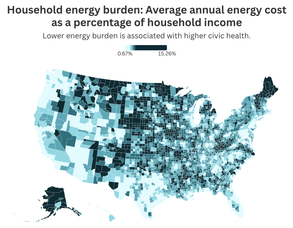 U.S. county map showing household energy costs as a share of income, with highest burdens concentrated in the Great Plains, Appalachia, and parts of the South.