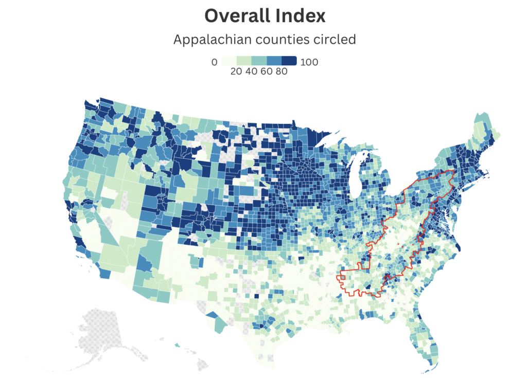 U.S. county map of overall index scores with Appalachian counties outlined in red, showing generally lower scores across much of Appalachia.