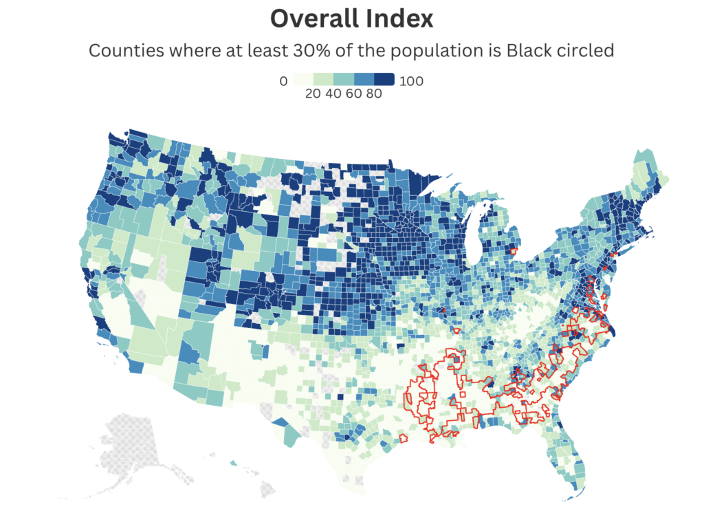 U.S. county map of overall index scores with counties that are at least 30% Black outlined in red, concentrated across the Southeast.